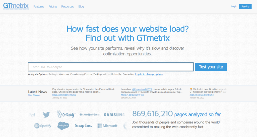 GTmetrix startpagina