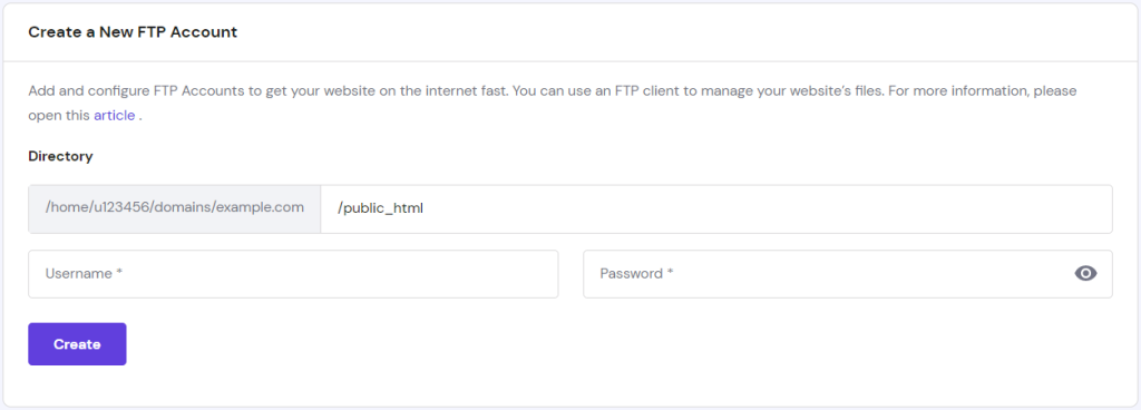 hpanel files ftp accounts maak een nieuw account
