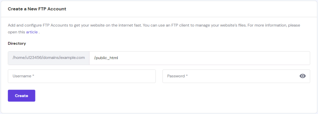 hpanel files ftp accounts maak een nieuw account
