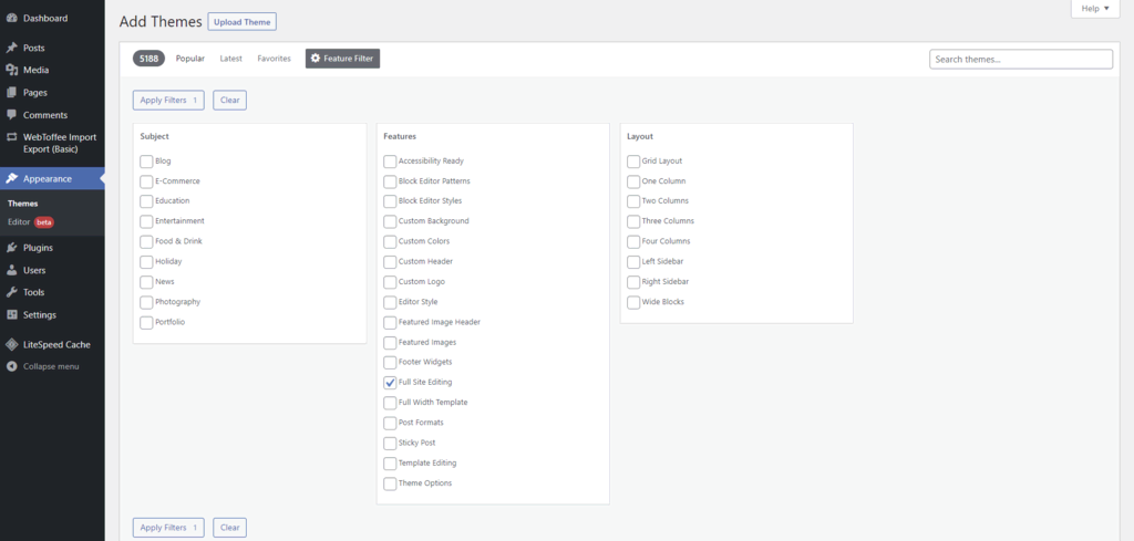 Thema’s die site editor ondersteunen filteren met behulp van de filter functie
