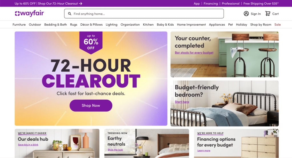 Wayfair startpagina