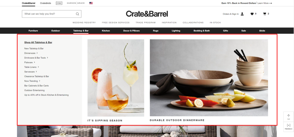 Crate & Barrel startpagina