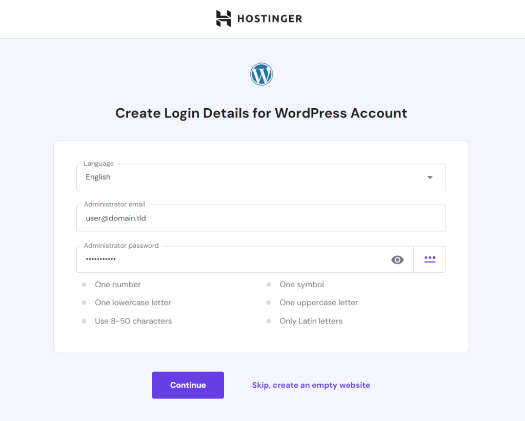 Hostinger WordPress account instellingen