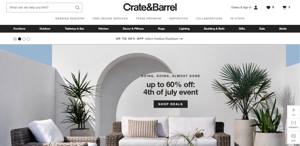 Crate & Barrel startpagina