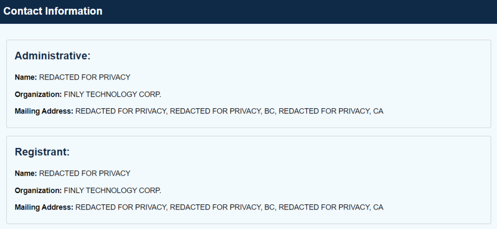 Het gedeelte Contactinformatie in ICANN Lookup