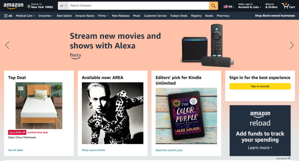 Homepage van Amazon, de grootste online verkoopplaats ter wereld
