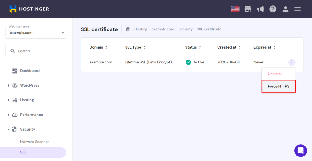 Hoe via Hostinger kijken of  het SSL certificaat actief is op de site
