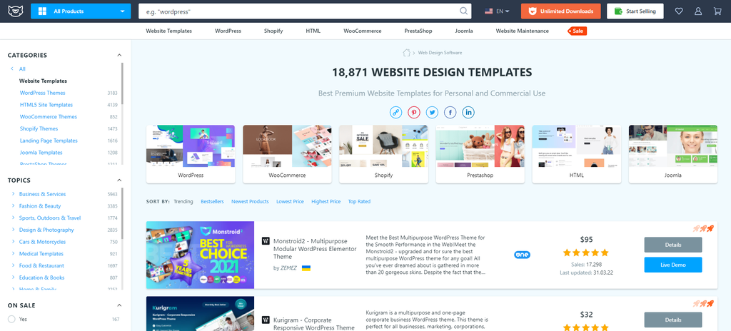 Onbeperkt aantal website design templates voor websites
