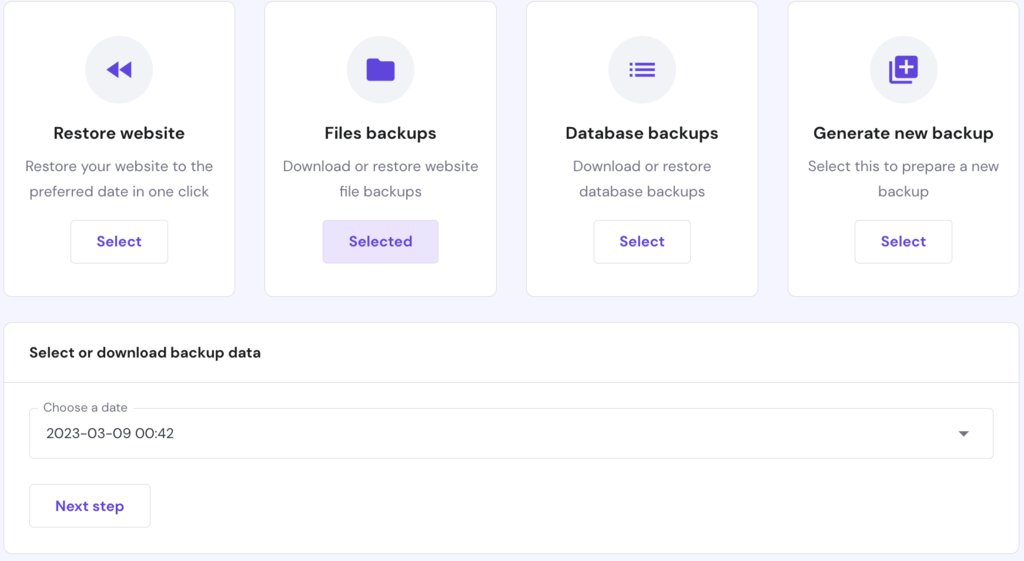 De file back up selecteren in Hostinger
