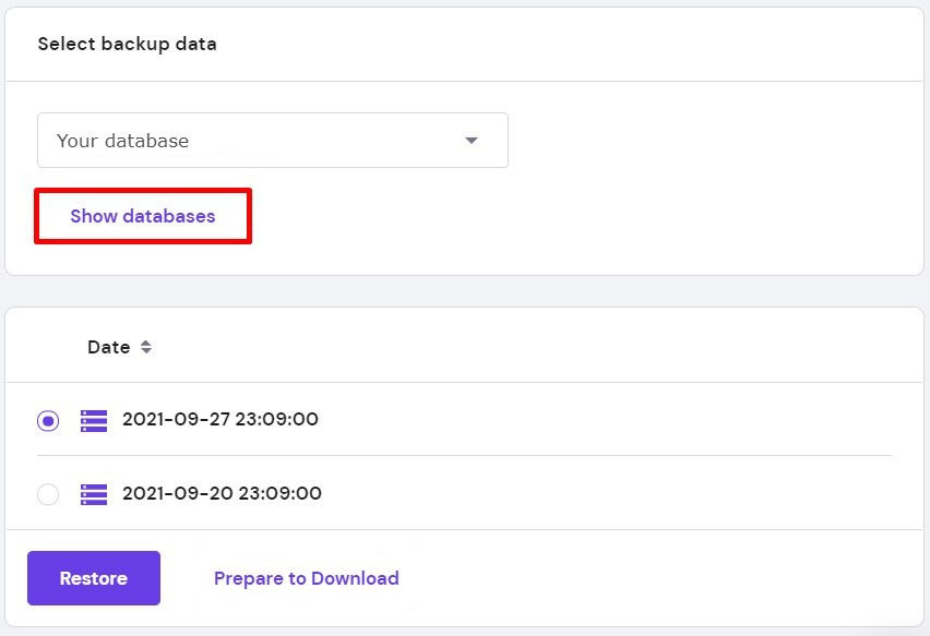 Via hostinger je databases vinden voor backups en overzetten
