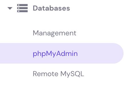 Waar je phpMyAdmin vindt in hpanel van Hostinger
