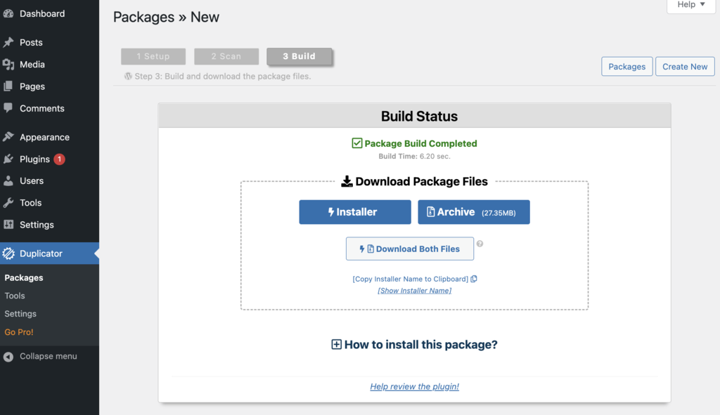 Duplicator gebruiken om de bestanden van de site over te zetten via de package installer
