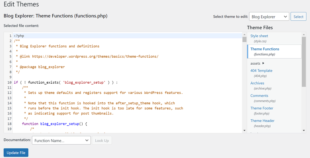 Het bestand functions.php in de Theme file editor van WordPress