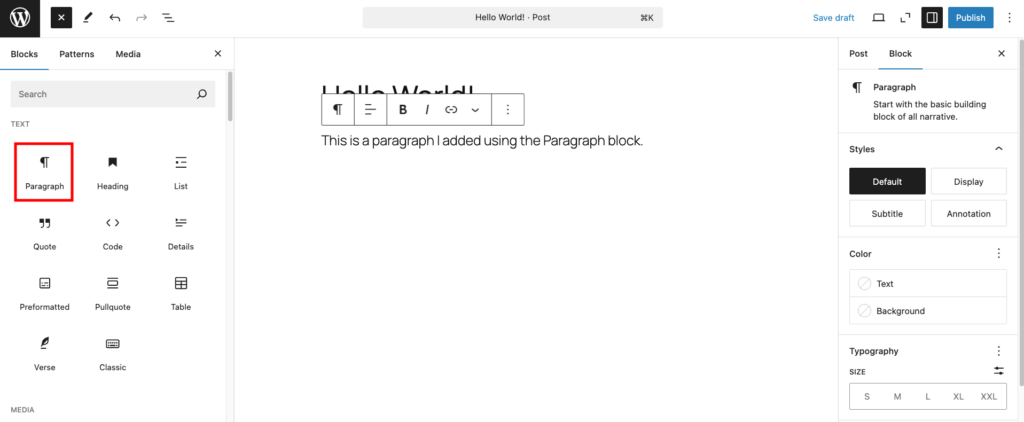 De paragraaf block in WordPress<br>