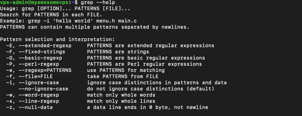 Hulpprogramma in Grep bekijken met -help command
