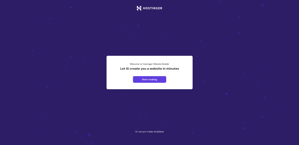 Hostinger AI website bouwer startmenu
