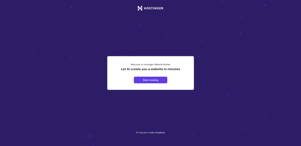 Hostinger AI website bouwer startmenu
