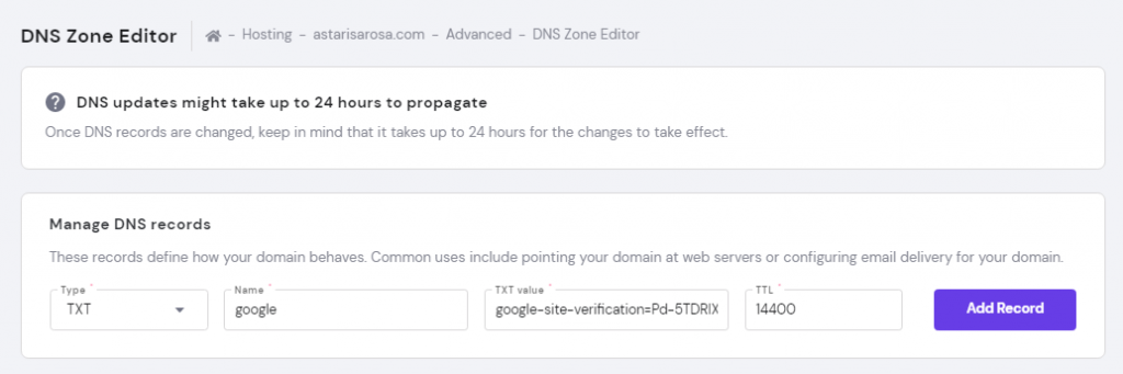 DNS TXT-record toevoegen via Hostinger
