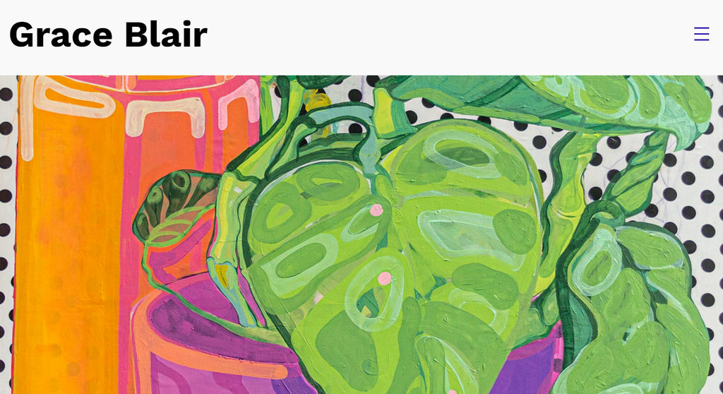 De portfolio-website van Grace Blair met pop art en iconografie.
