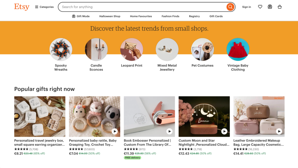 Screenshot van verkoopsplatform Etsy
