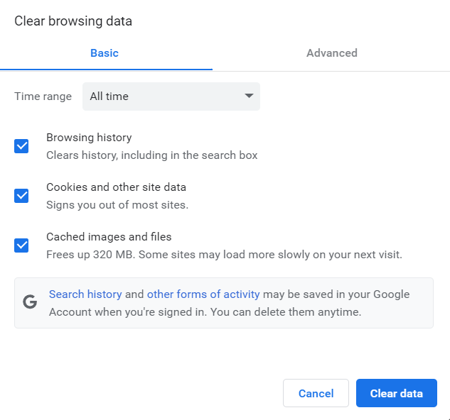 Screenshot van de opties in Google Chrome om browserdata te verwijderen
