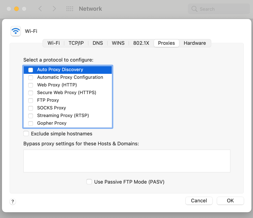 De proxy settings in MAC en relevante opties
