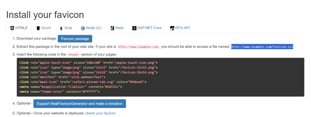 Een favicon package installeren met HTML-code
