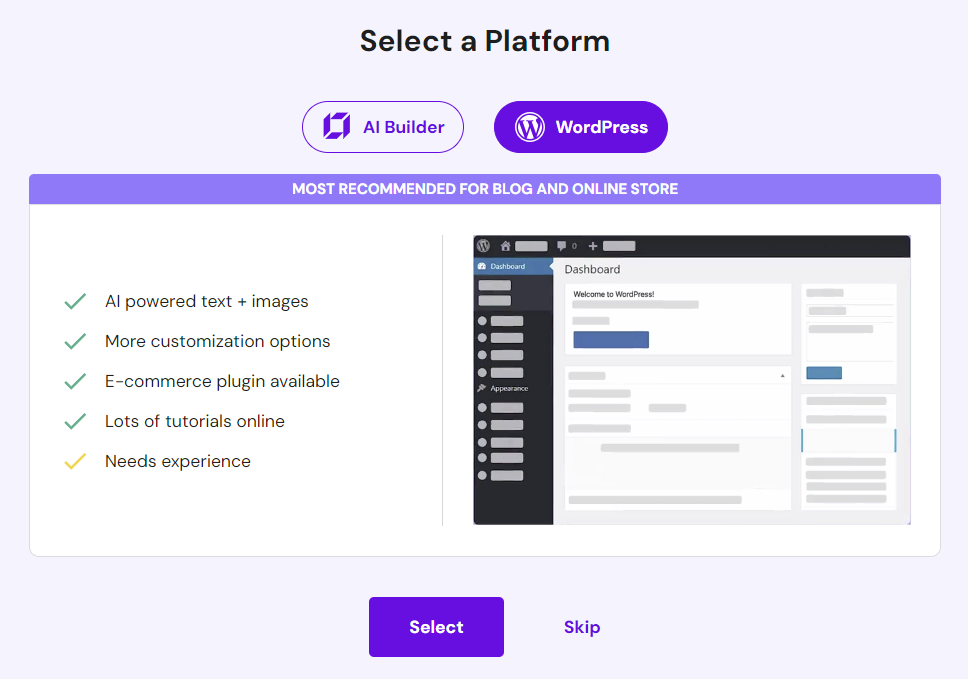 selecteer WordPress als platform
