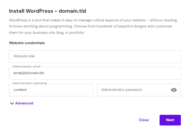 Wordpress installeren credentials
