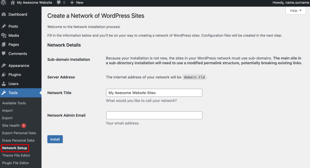 De network setup van je wordpress websites in het dashboard
