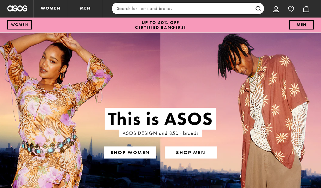 Voorbeeld van ASOS en hun webshop ontwerp  met unieke navigatie
