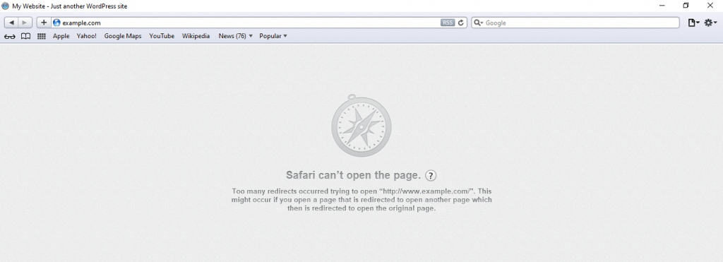 Hoe ERR_TOO_MANY_REDIRECTS eruit ziet op Safari
