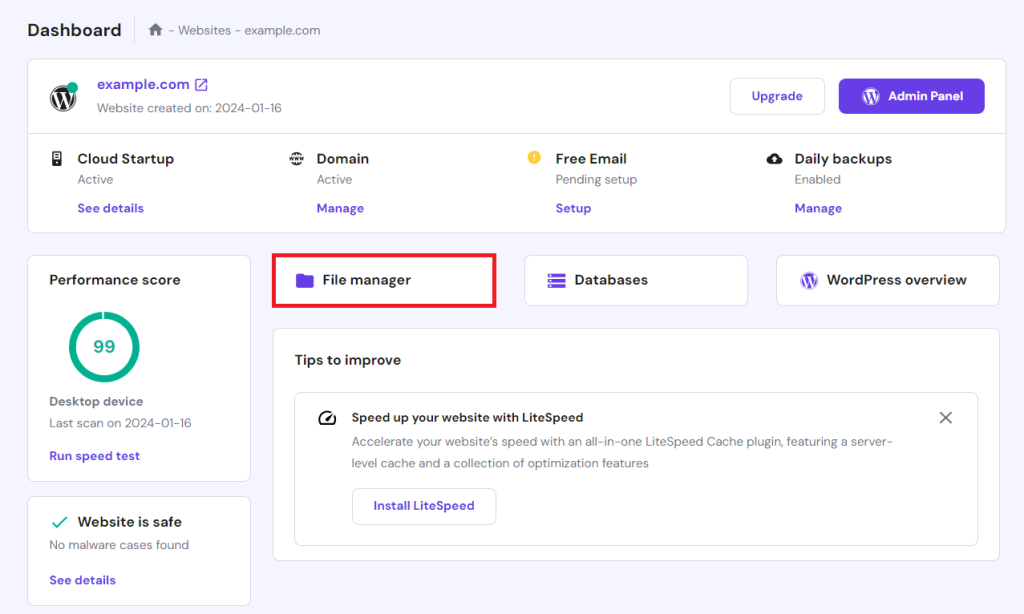 File manager op het Hostinger Dashboard
