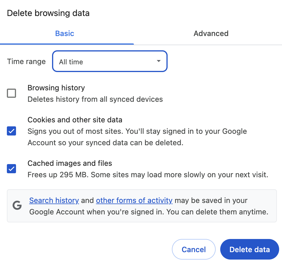 Opties in Google Chrome om je browsing data te verwijderen
