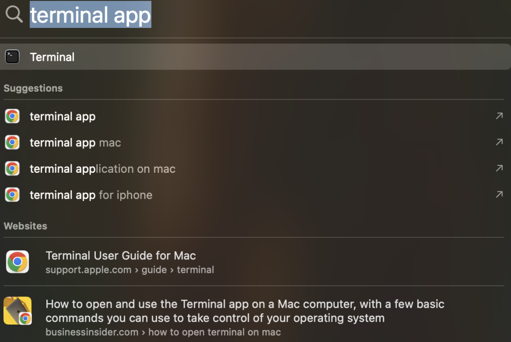 Zoekopdracht naar de terminal app in Mac
