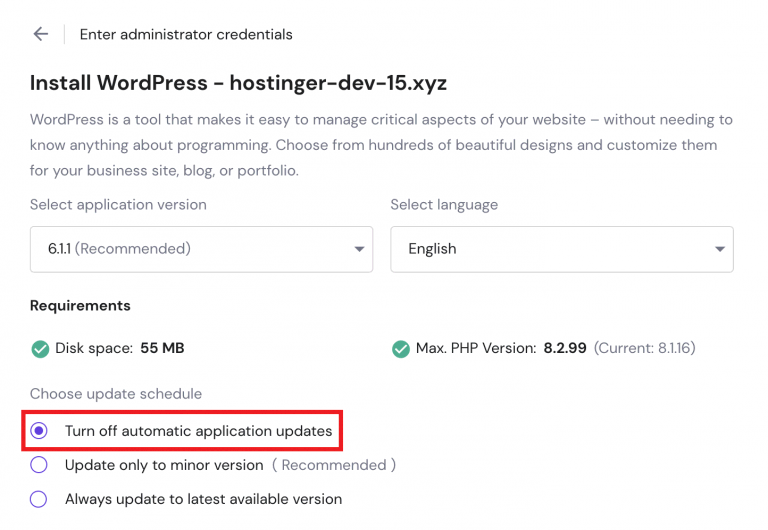 Automatische update opties voor WordPress auto installer in Hostinger

