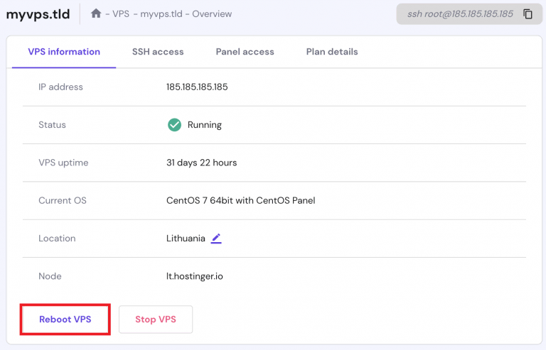 VPS reboot knop in Hostinger
